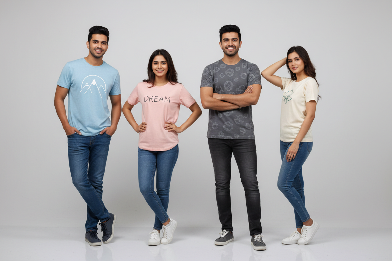 The models should be posing confidently standing apart from each other.